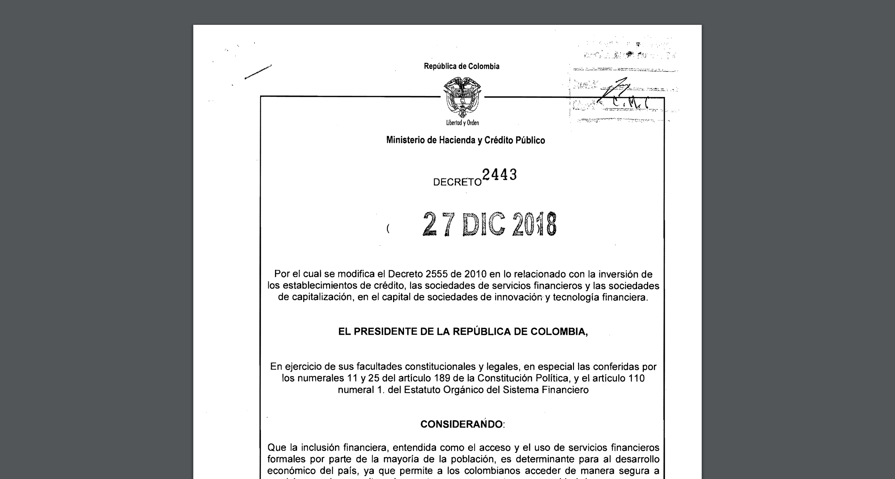 Decreto 2443 del 27 de diciembre de 2018 - Inversión en Fintech de entidades vigiladas